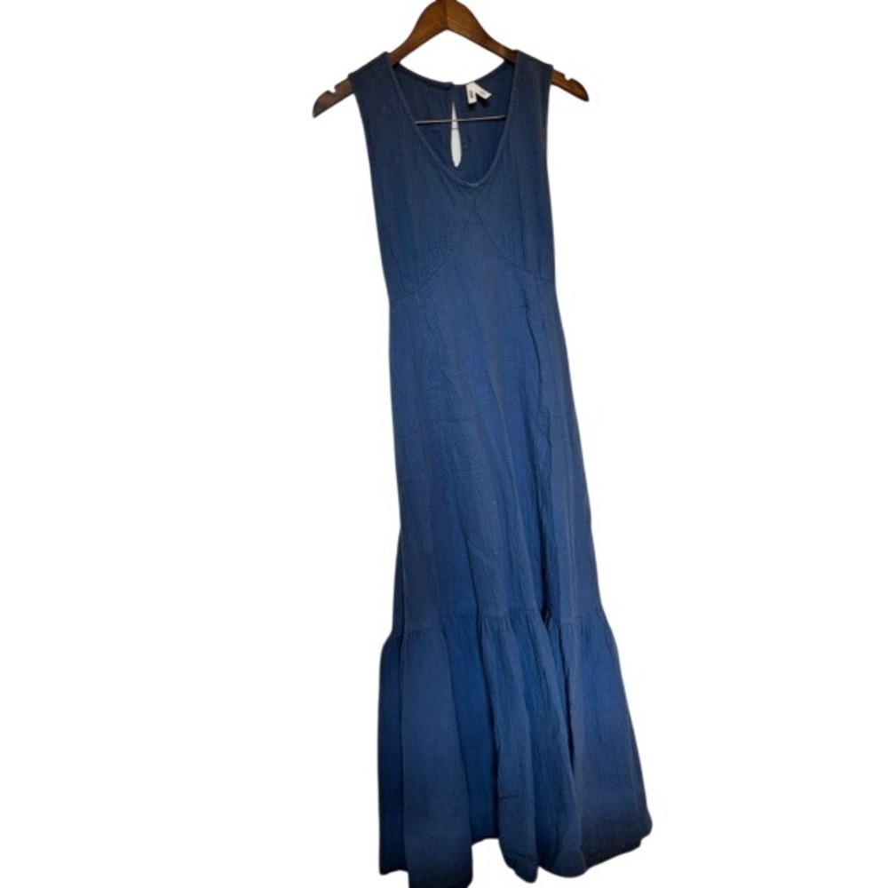 Pact Organic Cotton Double Gauze Maxi Dress Blue Sleeveless Tiered Pockets S